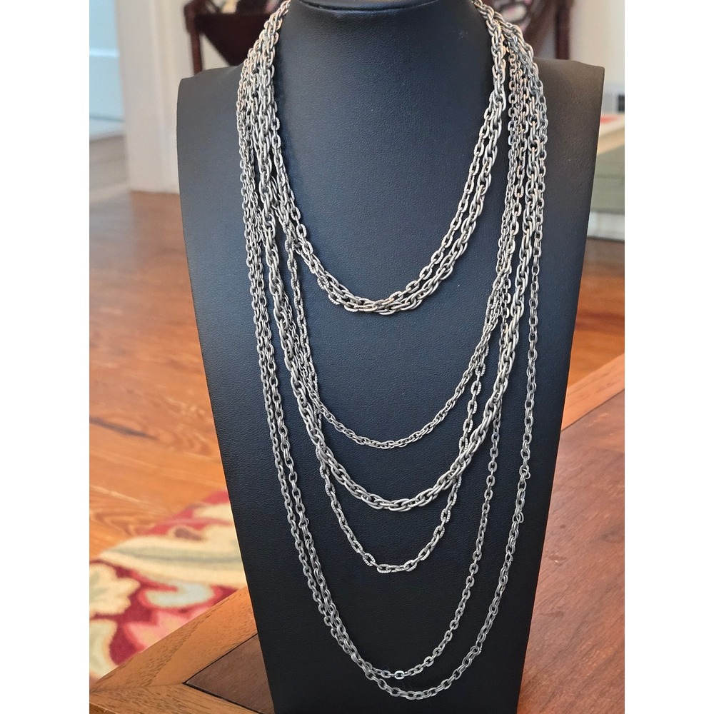 Multi-strand Matte Silver Long Necklace Vintage